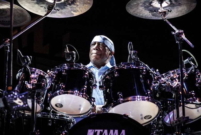 Billy Cobham behind his signature  kit (photo courtesy billycobham.com)