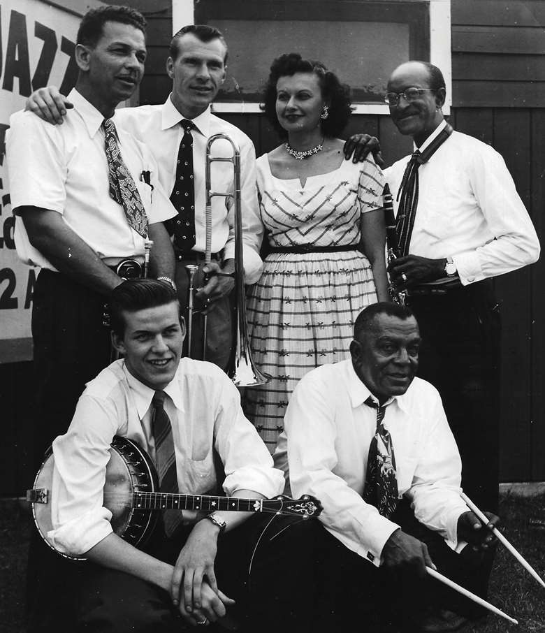 The New Imperial Jazz Eagles, Los Angeles, 1950s. New Orleans musicians Mike DeLay (trumpet), Edgar Mosely (drums) and Polo Barnes (clarinet) used a marching band name for their revivalist group