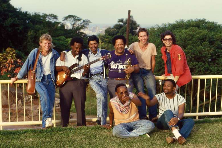 Clockwise from left: Mark Kilian, Victor Masondo, Melvin Peters, Johnny Mekoa, Andrew Eagle, Darius Brubeck, Zim Ngqawana and Lulu Gontsana (photo by Ted Brien)