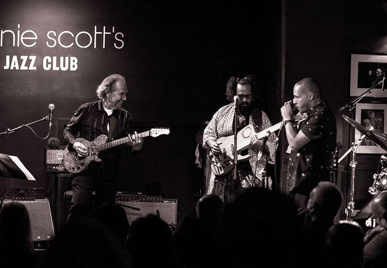 L-R: Lee Ritenour, Munir Hossn and Gregoire Marét - Photo © 2024 Leon Barker