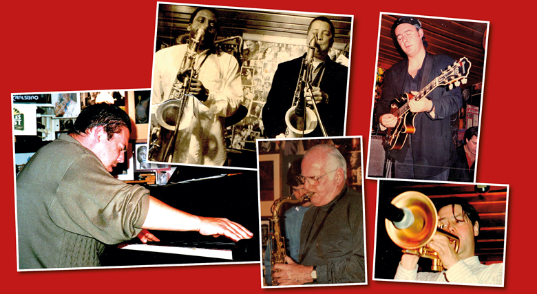 At The Albert, clockwise from left: Joey Calderazzo, 1997; David Murray and Andy Shepperd, 1992; Adrian Utley, 1997; Guy Barker, 1993; and Ronnie Scott with Andy Cleyndert  in November 1993