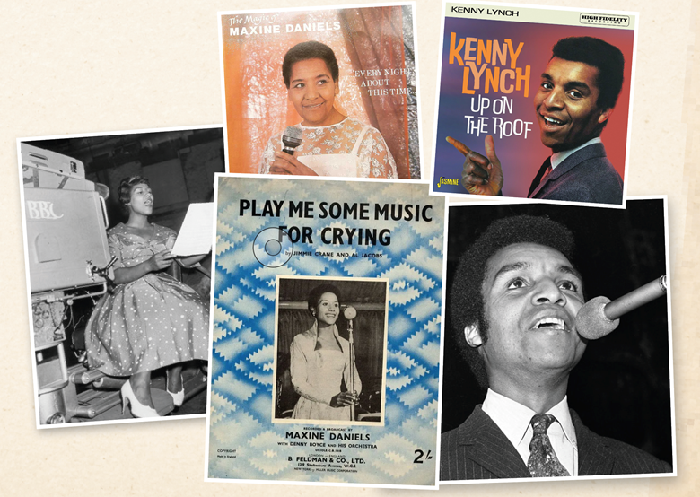 Clockwise from below: One of Maxine's career-reviving albums for Humph's Calligraph label; a compilation of brother Kenny Lynch's soul hits; Kenny at the mic; one of Maxine's most popular songs, published as sheet music; Maxine sings at the BBC