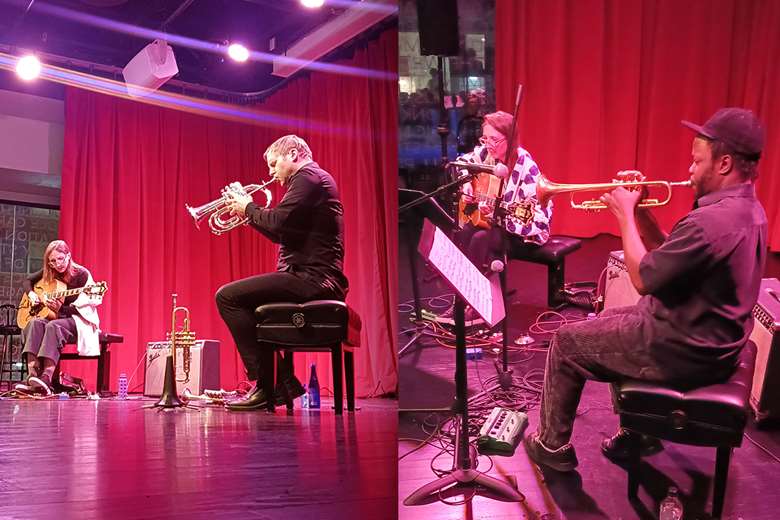 Mary Halvorson with Peter Evans (left) and with Ambrose Akinmusire (right) - Photo by Andrey Henkin